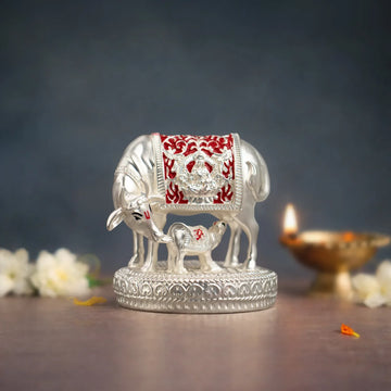 999 Silver Plated Kamdhenu Cow with Calf Idol