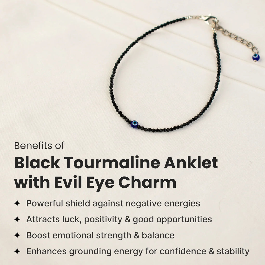 Black Tourmaline Anklet with Evil Eye Charm