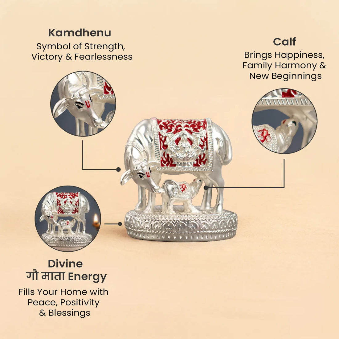 999 Silver Plated Kamdhenu Cow with Calf Idol