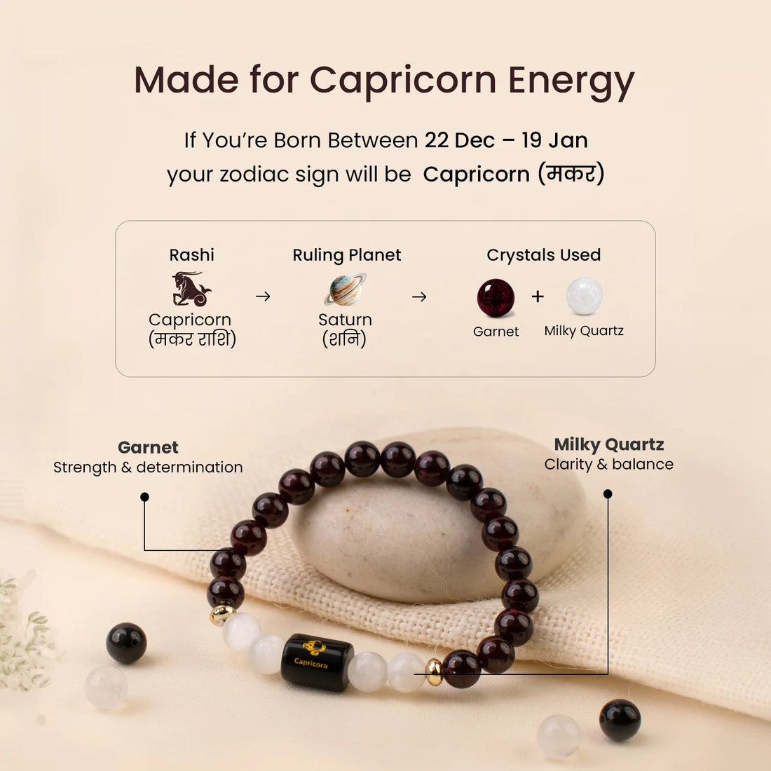Capricorn (मकर राशि) Zodiac Garnet & Milky Quartz Bracelet