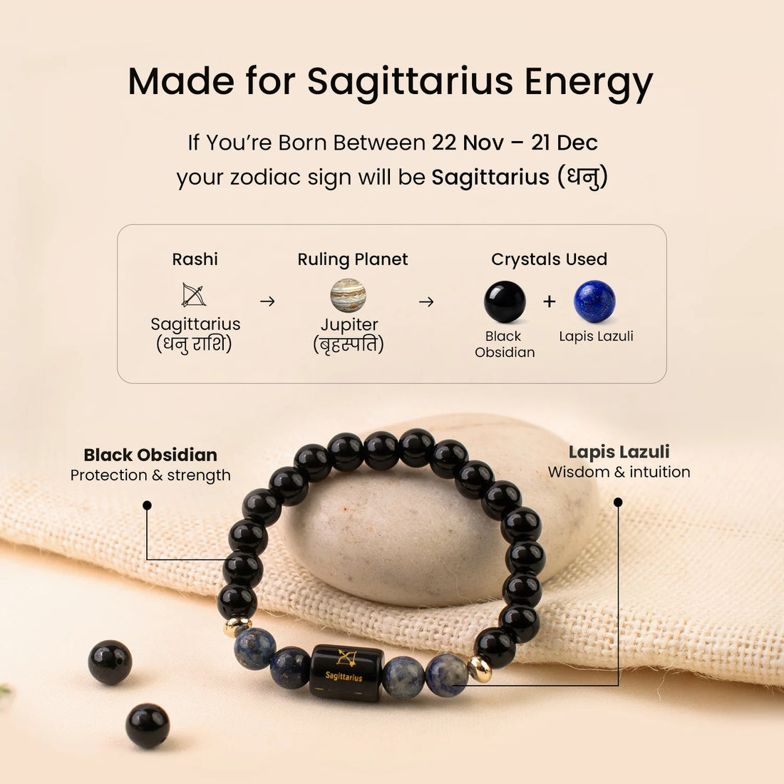 Sagittarius (धनु राशि) Zodiac Black Obsidian & Lapis Lazuli Bracelet