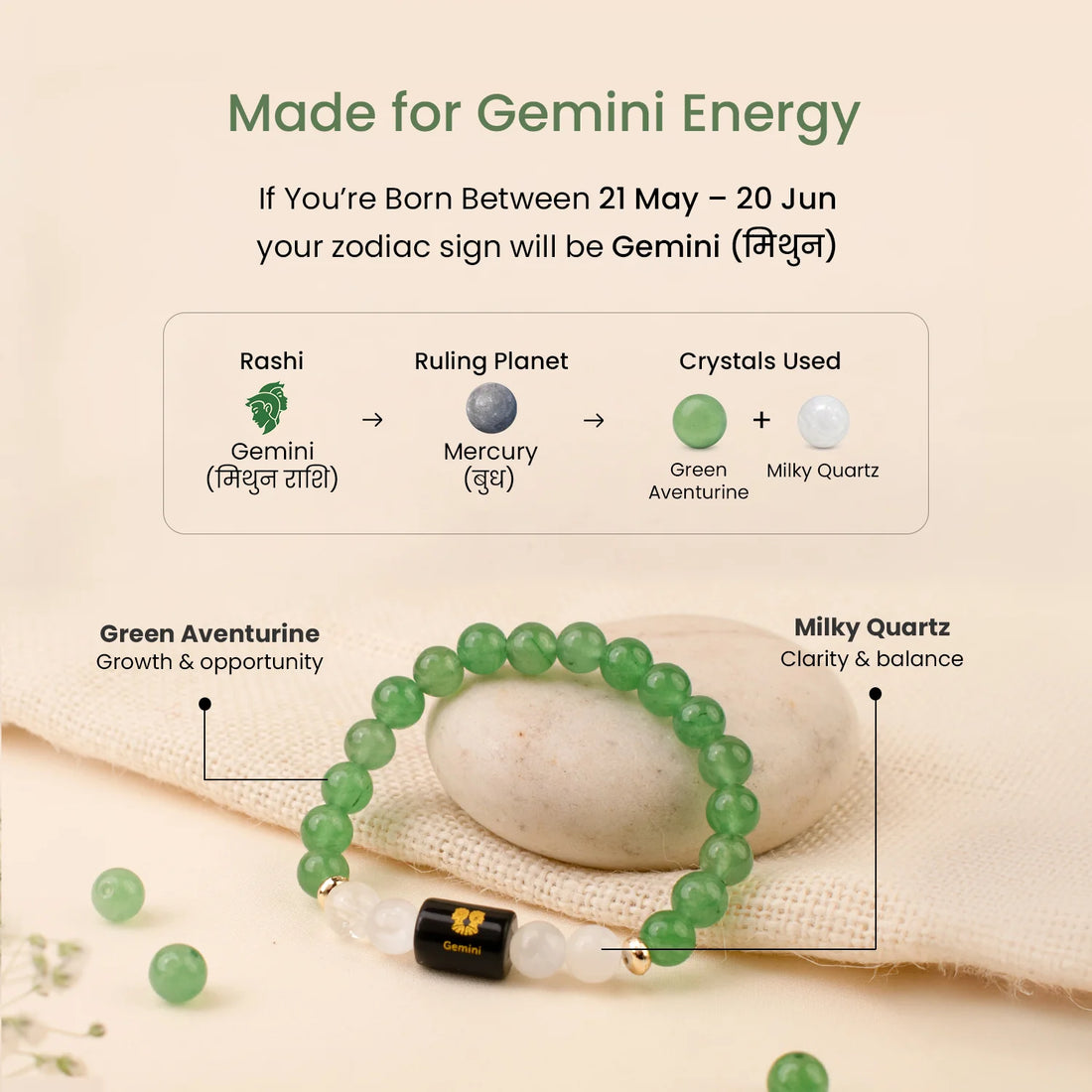 Gemini (मिथुन राशि) Zodiac Green Aventurine & Milky Quartz Bracelet