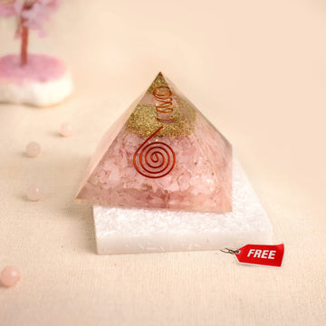 Rose Quartz Pyramid with Free Raw Square Selenite Plate