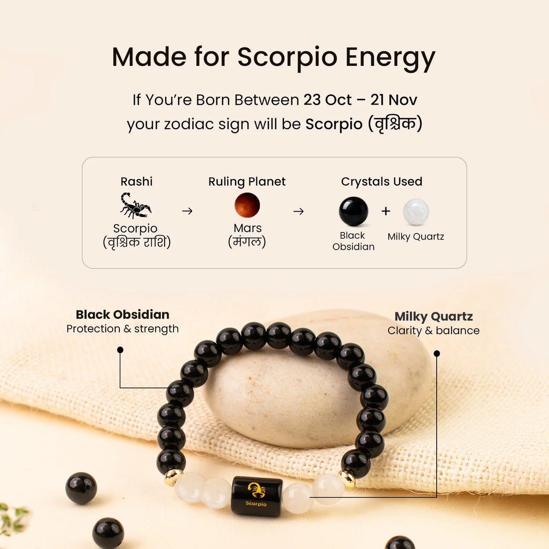 Scorpio (वृश्चिक राशि) Zodiac Black Obsidian & Milky Quartz Bracelet
